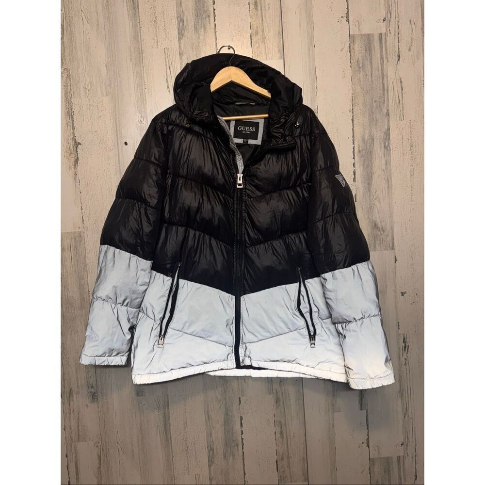 Guess Women Colorblock Puffer Jacket Black Silver Hooded Coat Size XXL